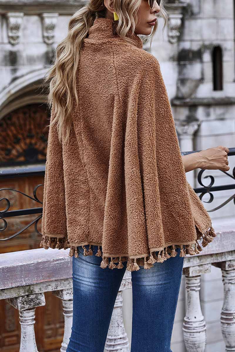 Florcoo Loose High Neck Cape Coat With Fringed
