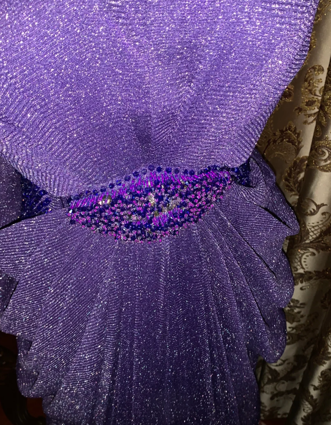 Sparkly Purple Tulle Sequin Beaded Pleated Mermaid Evening Dress Long Birthday Prom Gown D1750