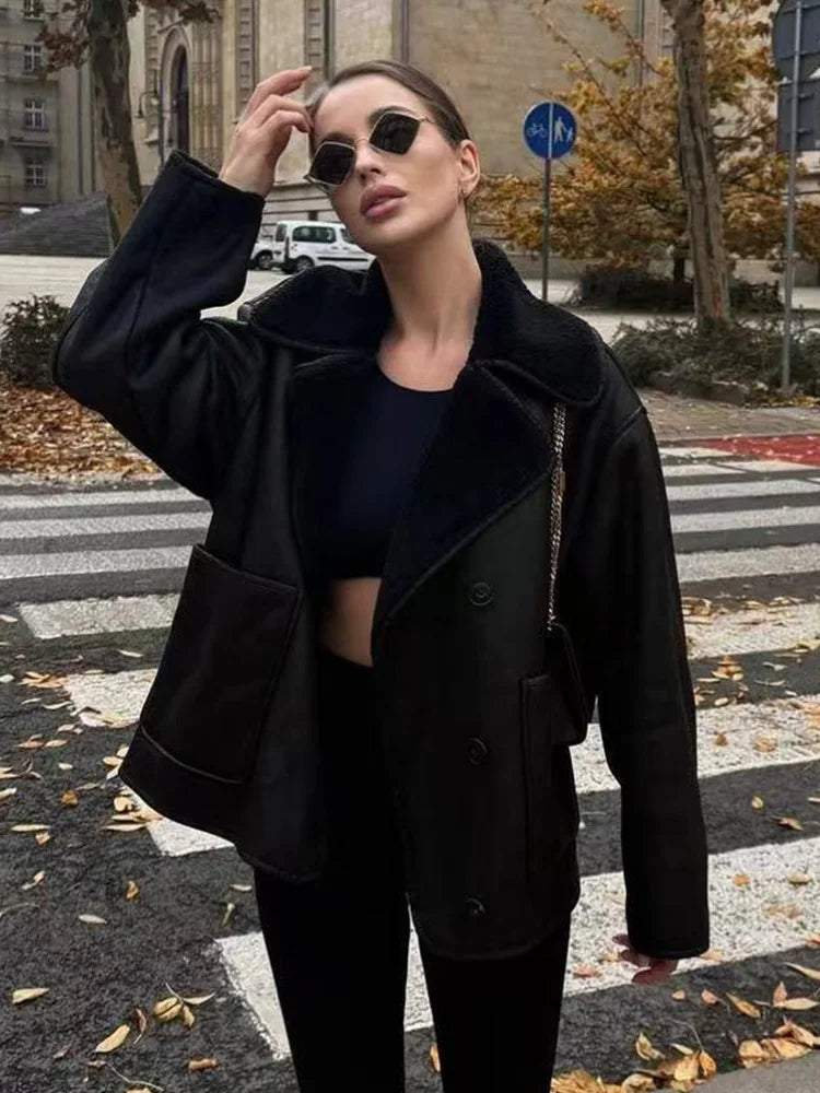 Plush Faux Leather Single-Breasted Overcoat