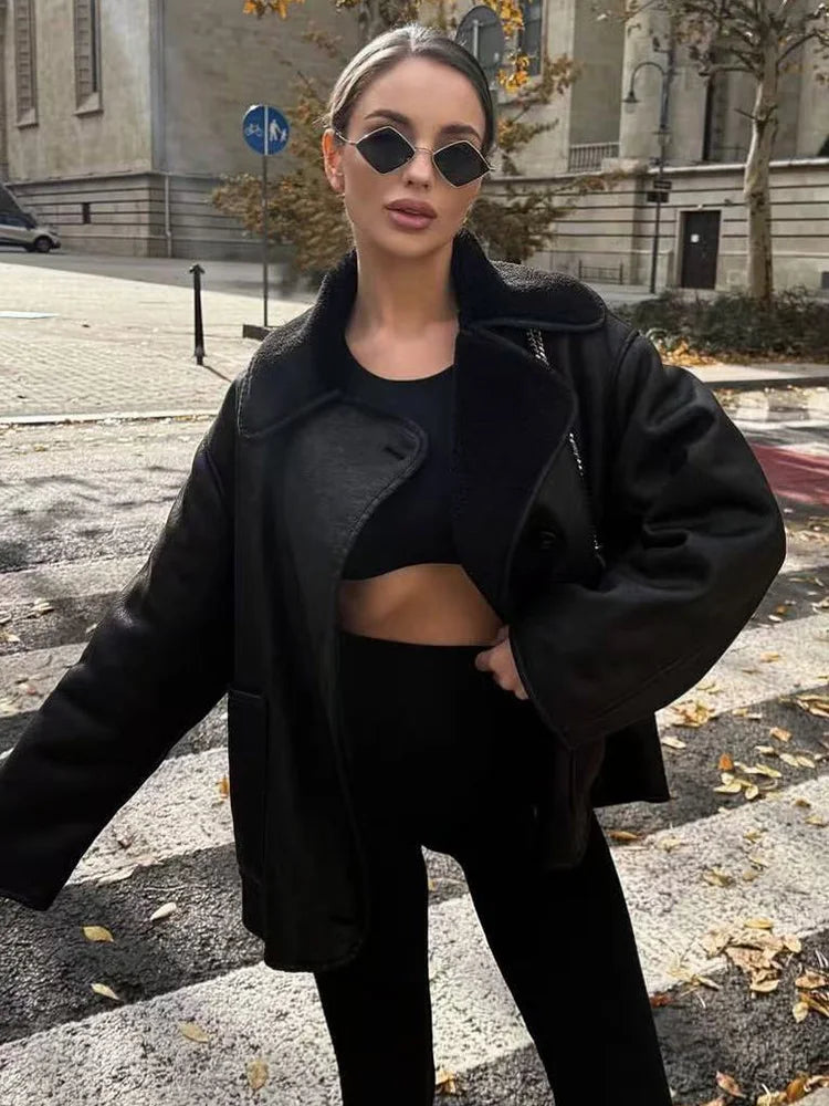 Plush Faux Leather Single-Breasted Overcoat