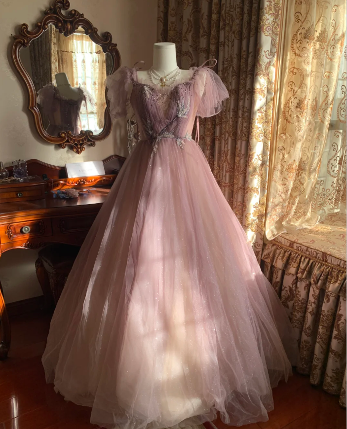 Sweet Tulle Sequin Beaded Ball Gown Pink Long Evening Dress Birthday Party Dress D1773