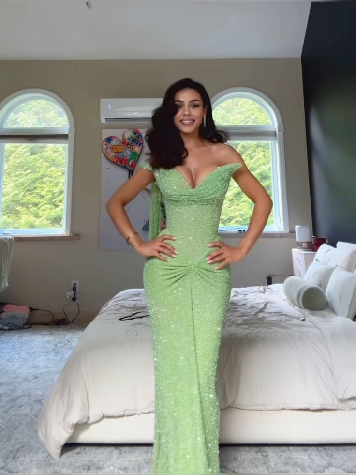 Glitter Mint Green Sequin One Shoulder Mermaid Prom Dress Side Slit Long Party Dress D914