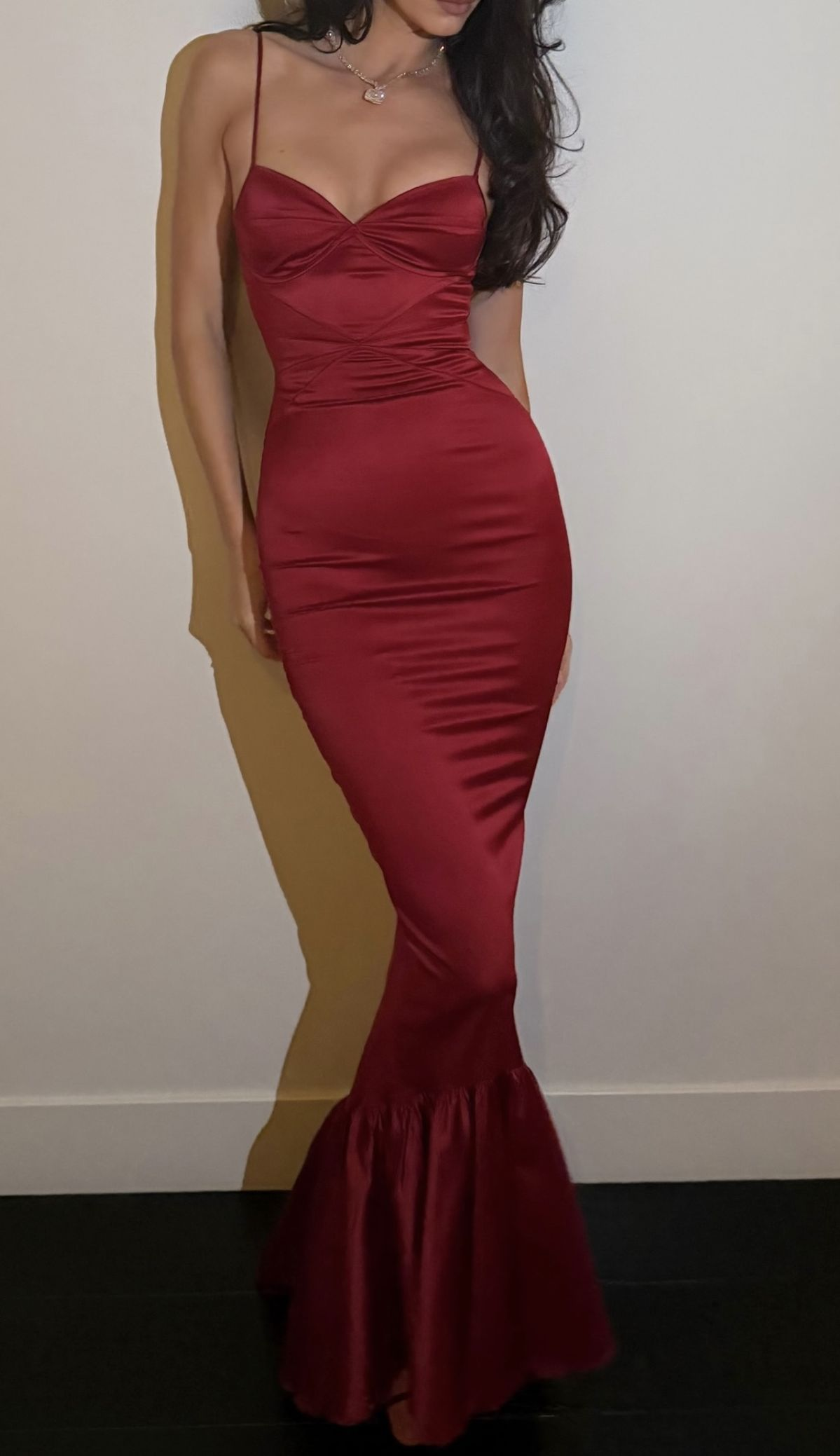 Stylish Spaghetti Straps Burgundy Satin Mermaid Long Party Dress Wedding Guest Dress D1531