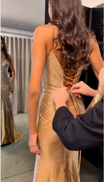 Elegant Spaghetti Straps Brown Satin Beaded Slit Mermaid Evening Dress Long Birthday Party Dress D1330