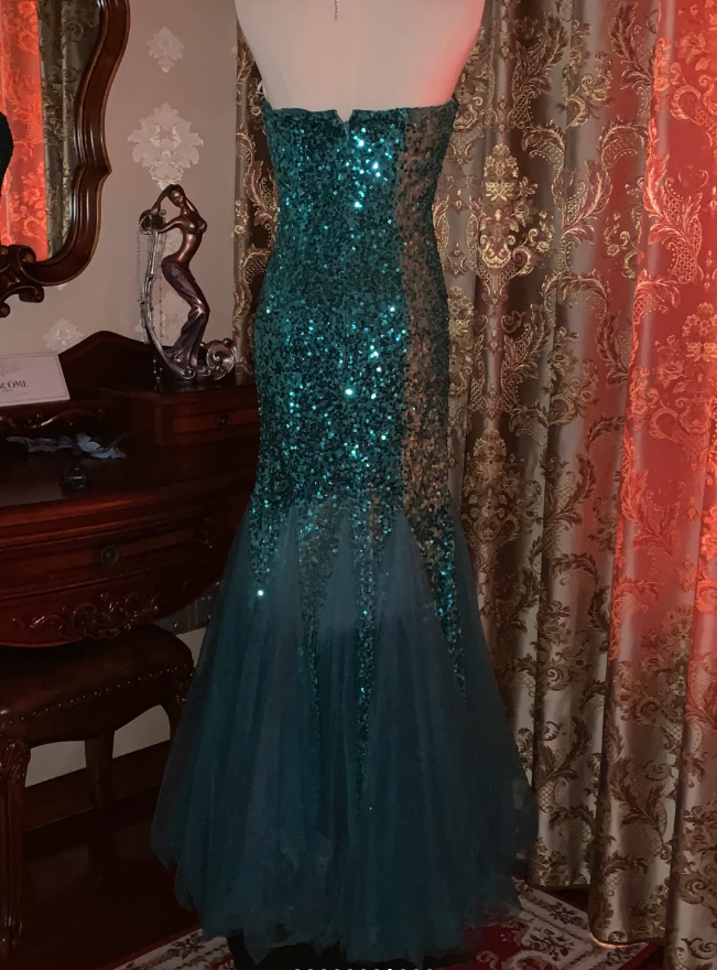 Vintage Strapless Green Tulle Sequin Mermaid Evening Dress Long Wedding Guest Dress Party Gown D1753