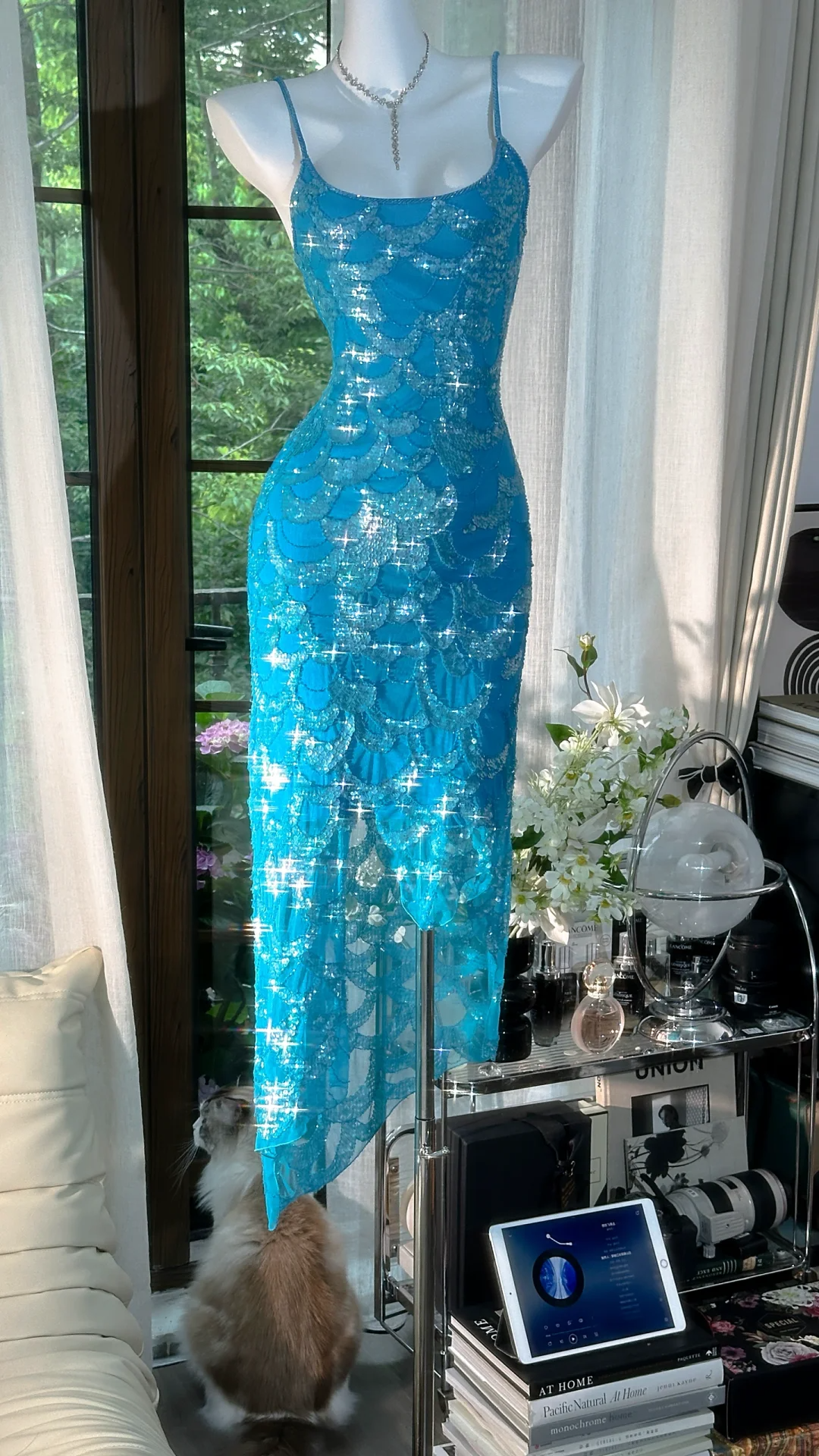 Gorgeous Spaghetti Straps Blue Chiffon Sequin Mermaid Party Dress Long Birthday Prom Gown D1312