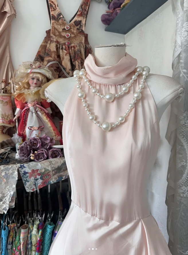 Classy Sleeveless Light Pink Chiffon Satin Mermaid Evening Dress Birthday Prom Dress D1288