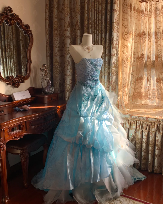 Elegant Blue Strapless Tulle Satin Appliques Long Party Dress Birthday Prom Gown D1772