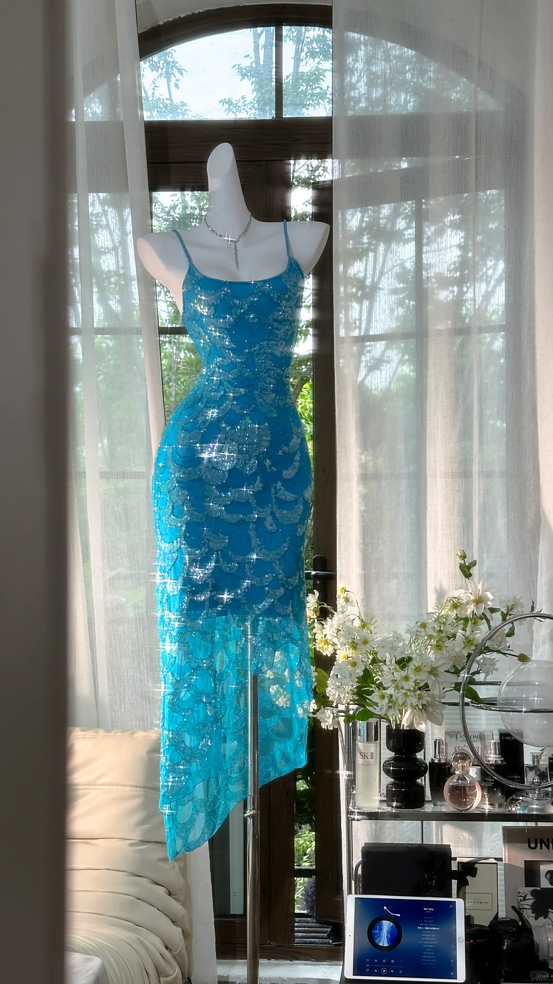 Gorgeous Spaghetti Straps Blue Chiffon Sequin Mermaid Party Dress Long Birthday Prom Gown D1312