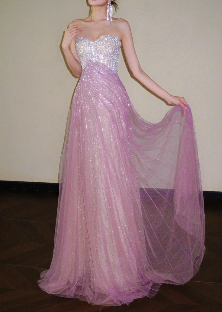 Glitter Strapless Pink Tulle Sequin A Line Long Party Dress Evening Gown D1579