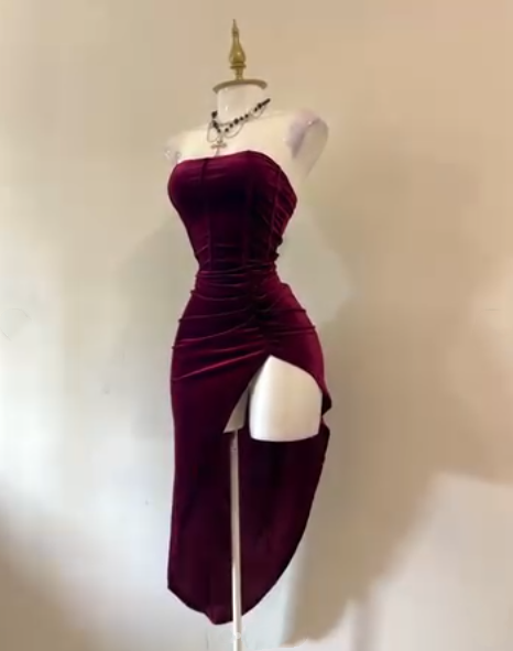 Sexy Strapless Slit Party Dress Burgundy Birthday Dress S268
