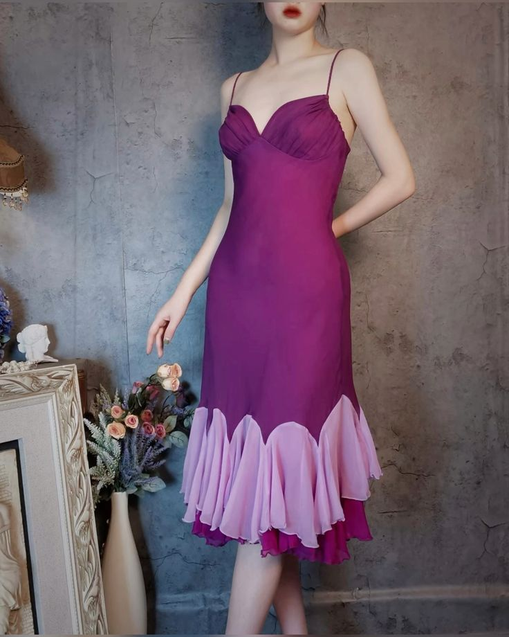 Vintage Spaghetti Straps Fuchsia Satin Chiffon Ruffles Mermaid Party Dress Long Evening Gown D1477