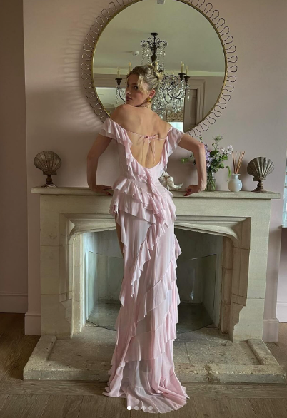 Sexy Off The Shoulder Pink Chiffon Ruffle Slit Long Party Dress Evening Gown(Add Lining) D1467