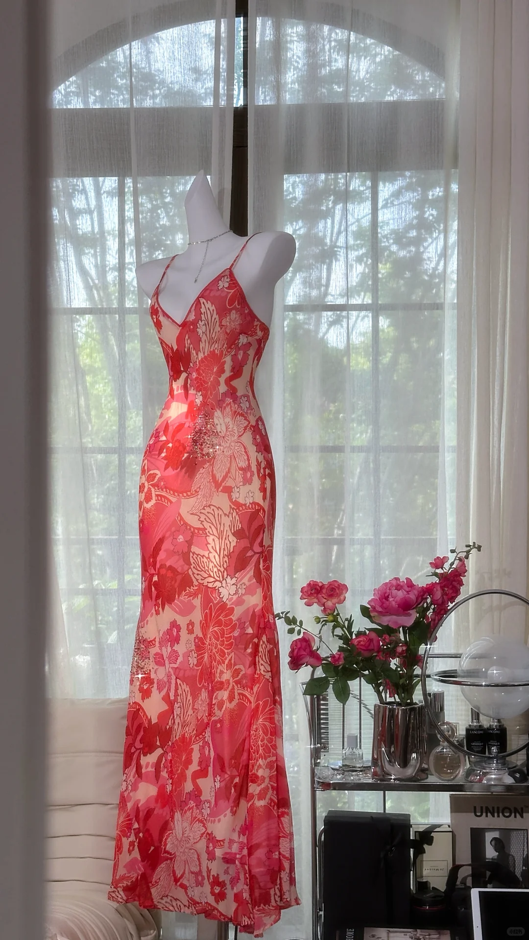 Pretty Spaghetti Straps V Neck Red Chiffon Print Floral Mermaid Evening Dress Long Birthday Prom Gown D1247