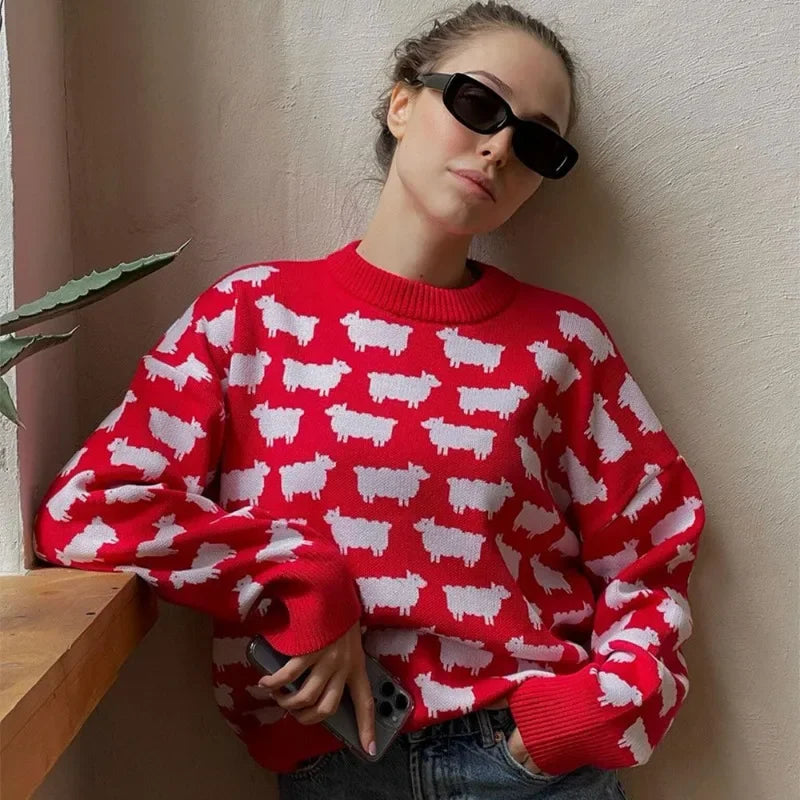 Printed Round Neck Casual Long Sleeve Sweater