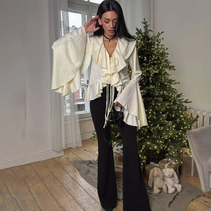 Ruffled Lace-Up V-neck Casual Long Sleeve Blouse