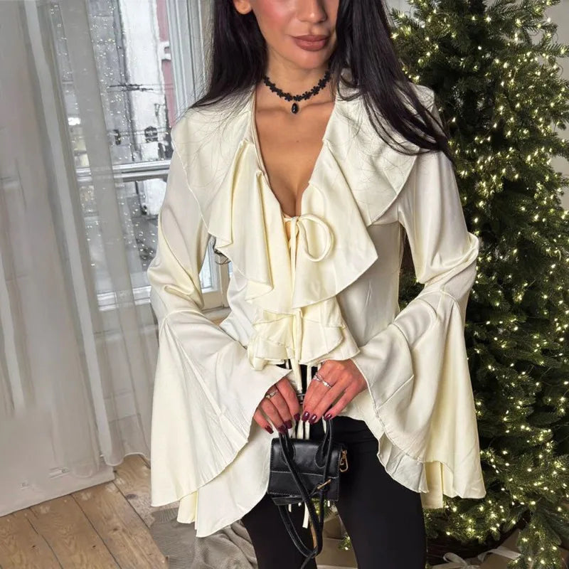 Ruffled Lace-Up V-neck Blouse