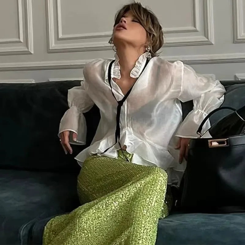 Loose White Ruffled Blouse