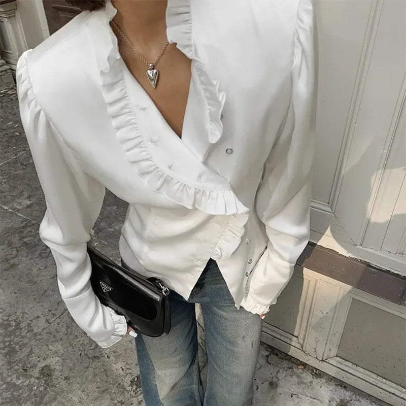 Ruffled White Long Sleeve Blouse - Fashionpara