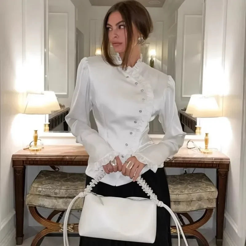 Ruffled White Long Sleeve Blouse - Fashionpara