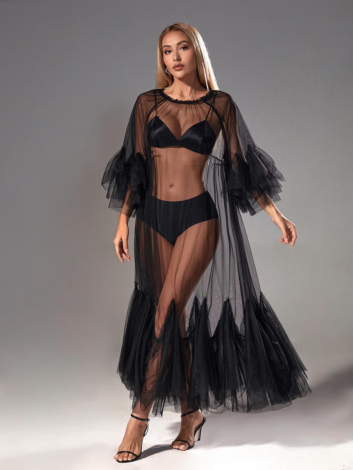 Tansy Pleated Mesh Dress In Black