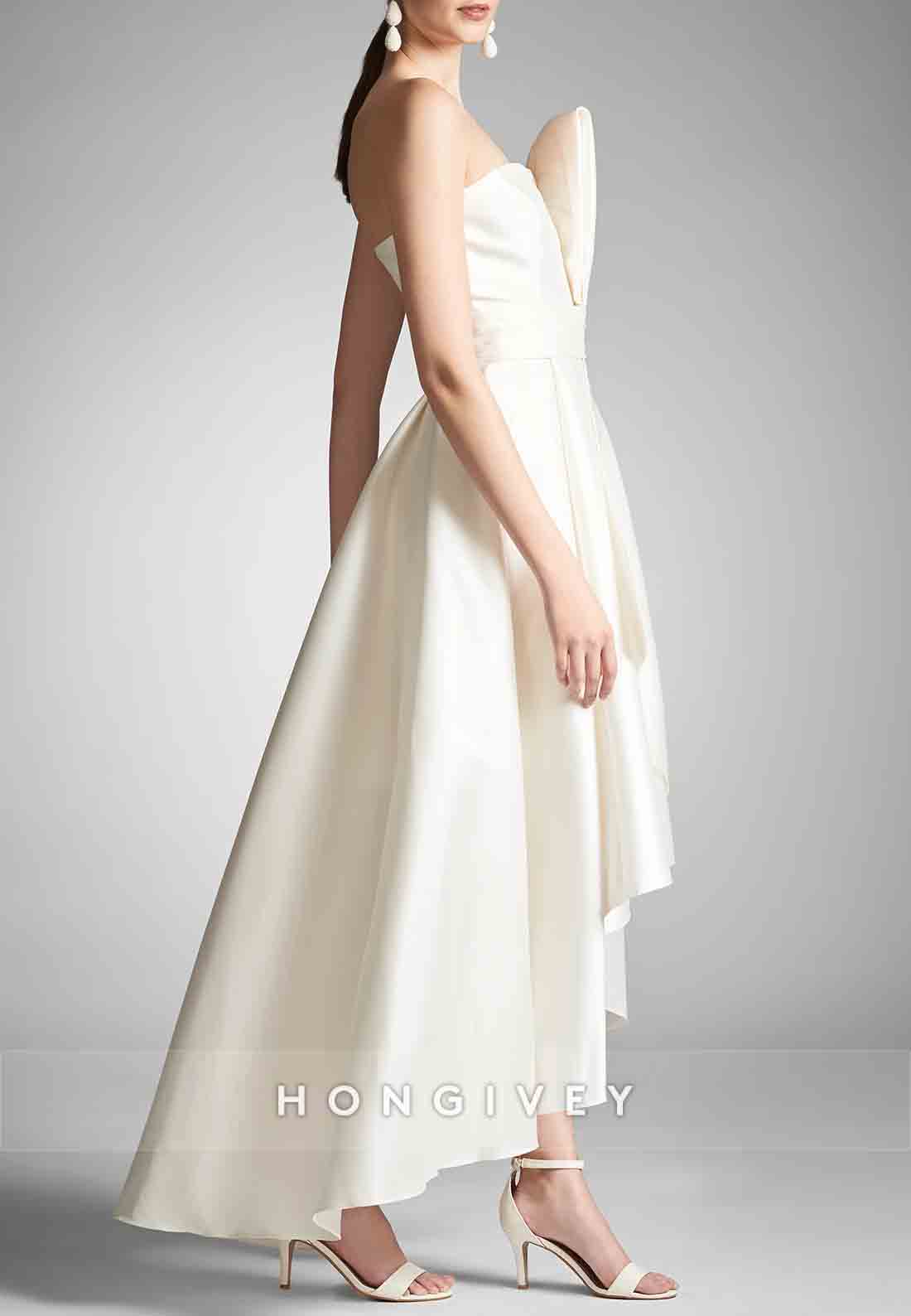 Asymmetrical Neck Chiffon Strapless Pleated Tea-Length Empire Wedding Dresses