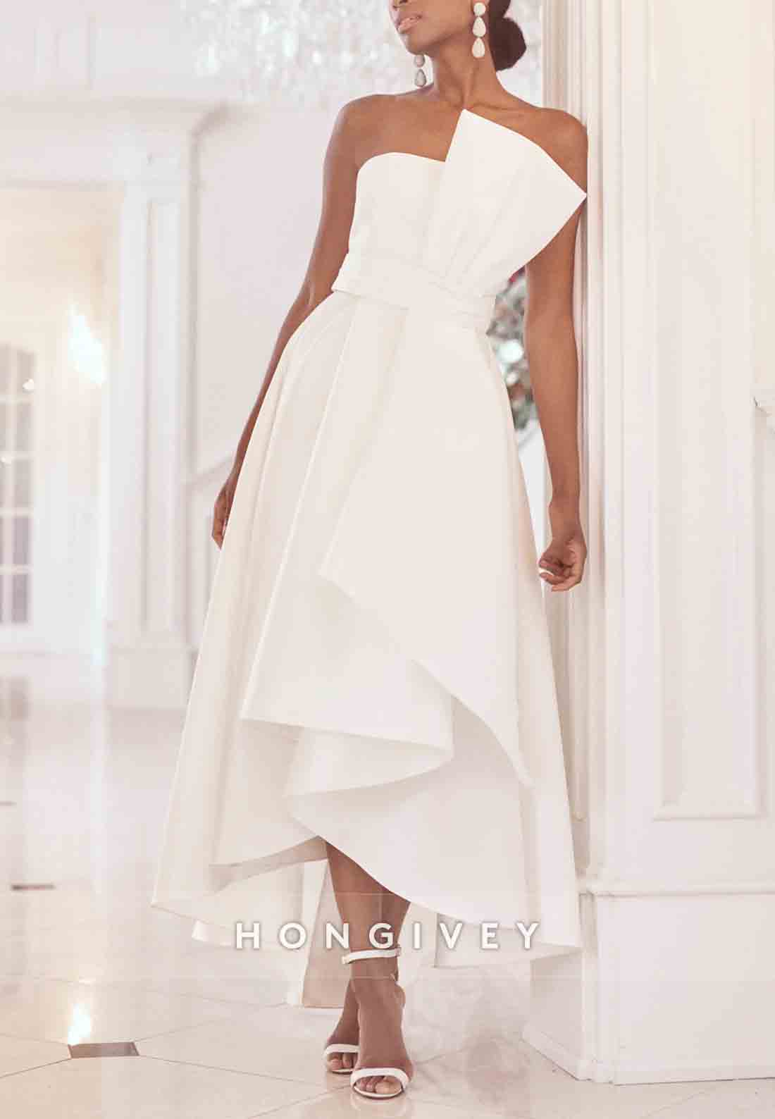 Asymmetrical Neck Chiffon Strapless Pleated Tea-Length Empire Wedding Dresses