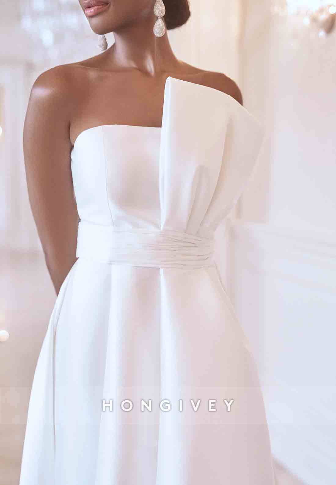 Asymmetrical Neck Chiffon Strapless Pleated Tea-Length Empire Wedding Dresses