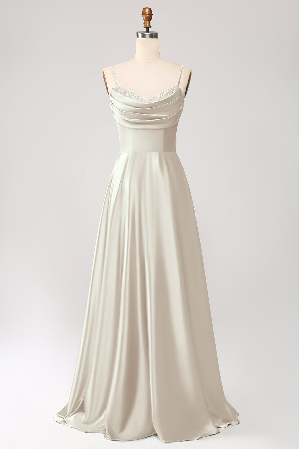 Dusty Sage A Line Cowl Neck Satin Long Prom Dress with Pleated