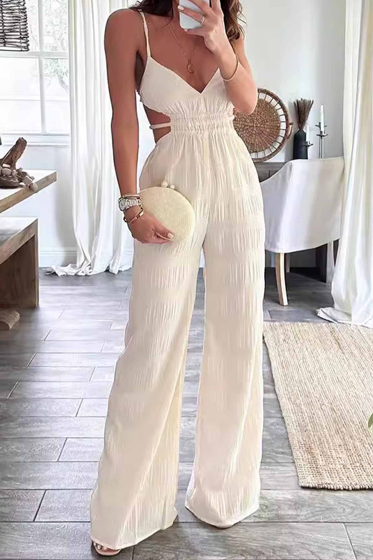 Textured Backless Spaghetti Straps Jumpsuits - Fashionpara
