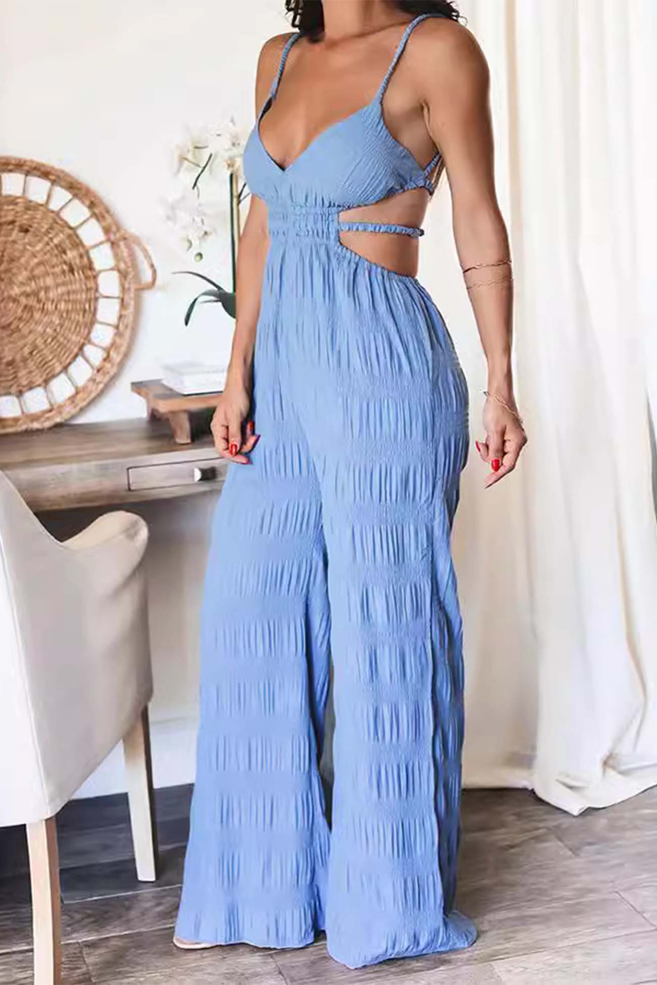 Textured Backless Spaghetti Straps Jumpsuits - Fashionpara