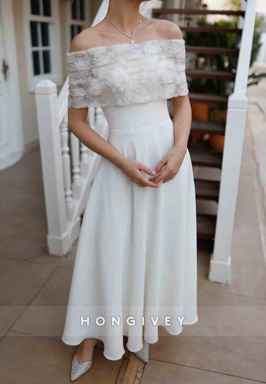 Off the Shoulder White Special Design Lace Detailed Wedding Engagement Dress