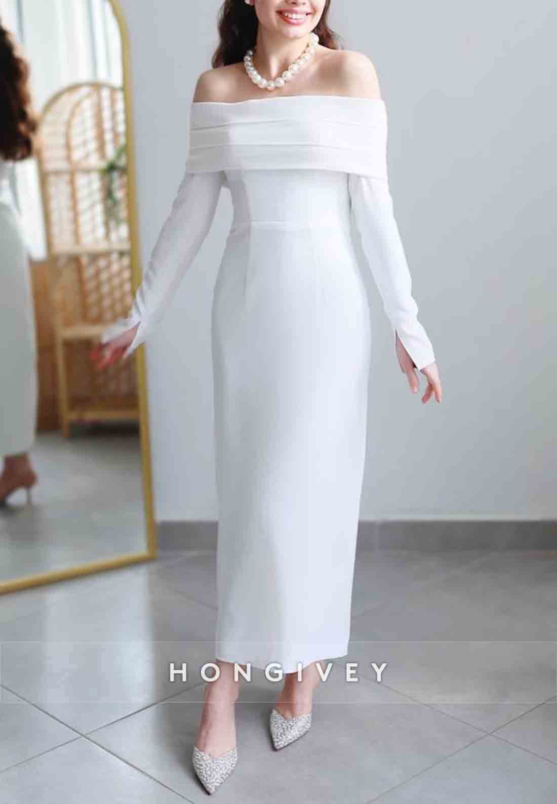 Ankle-Length Off the Shoulder Long Sleeves Simple Column Shawl Wedding Engagement Dress