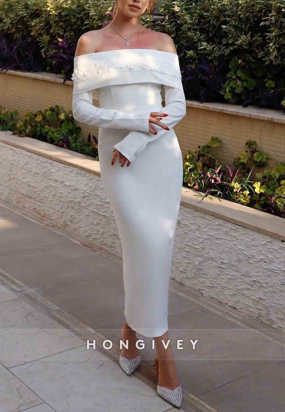 Tea-Length Off the Shoulder Long Sleeves Sheath Wedding Engagement Dress