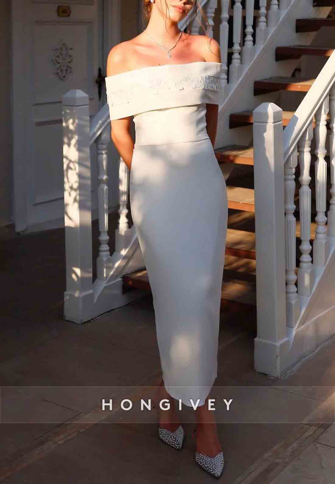 Tea-Length Off the Shoulder Long Sleeves Sheath Wedding Engagement Dress