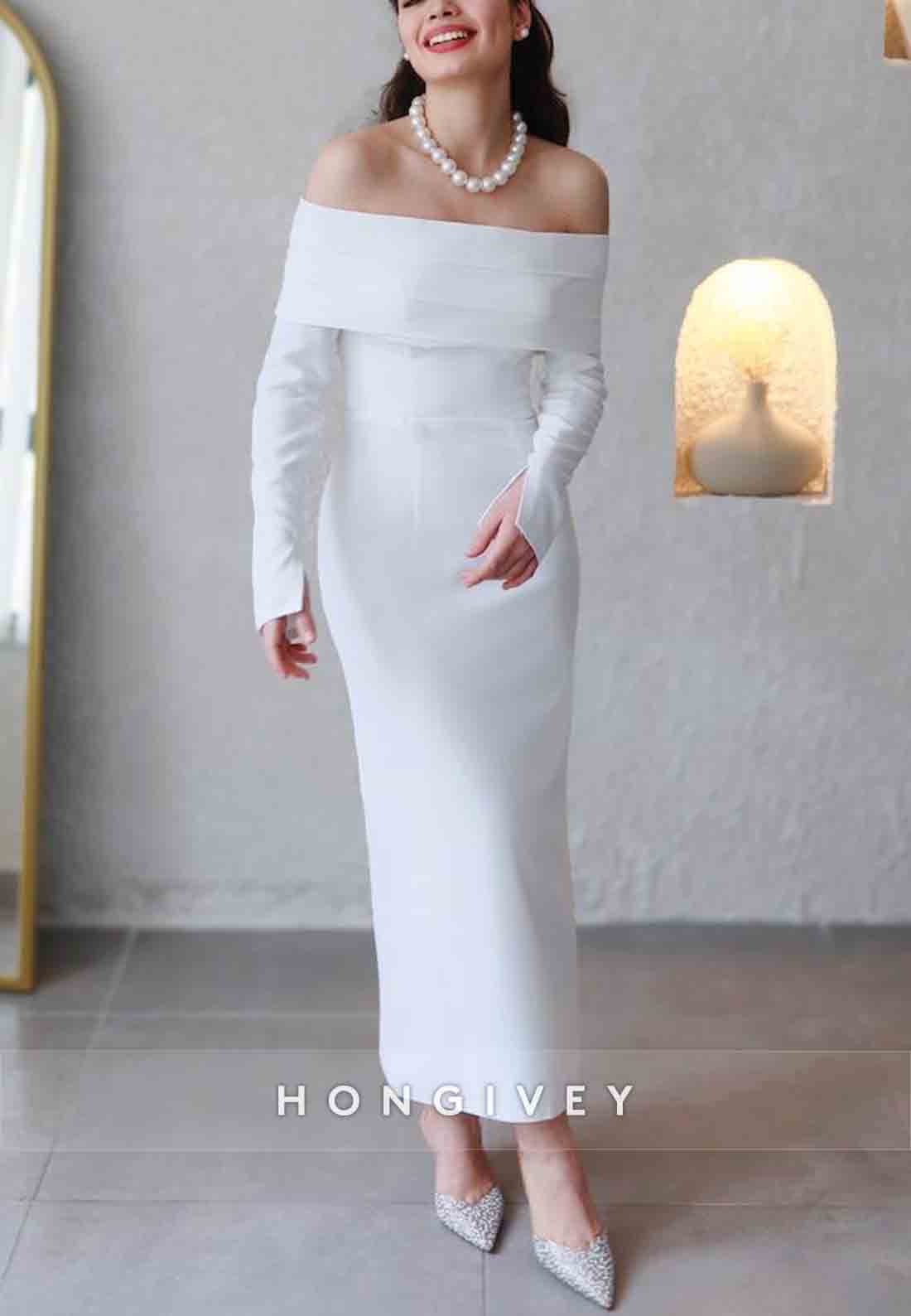 Ankle-Length Off the Shoulder Long Sleeves Simple Column Shawl Wedding Engagement Dress