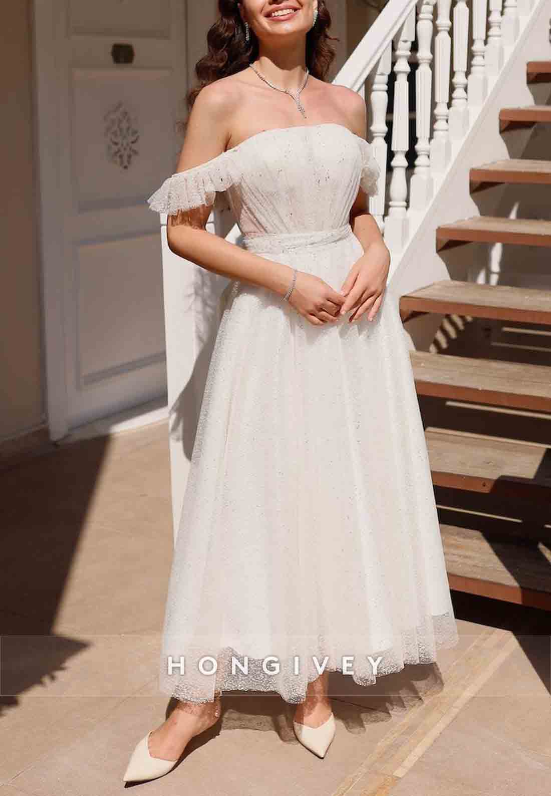 Cap Straps A-line Organza Bowknot Ankle-Length Wedding Engagement Dress