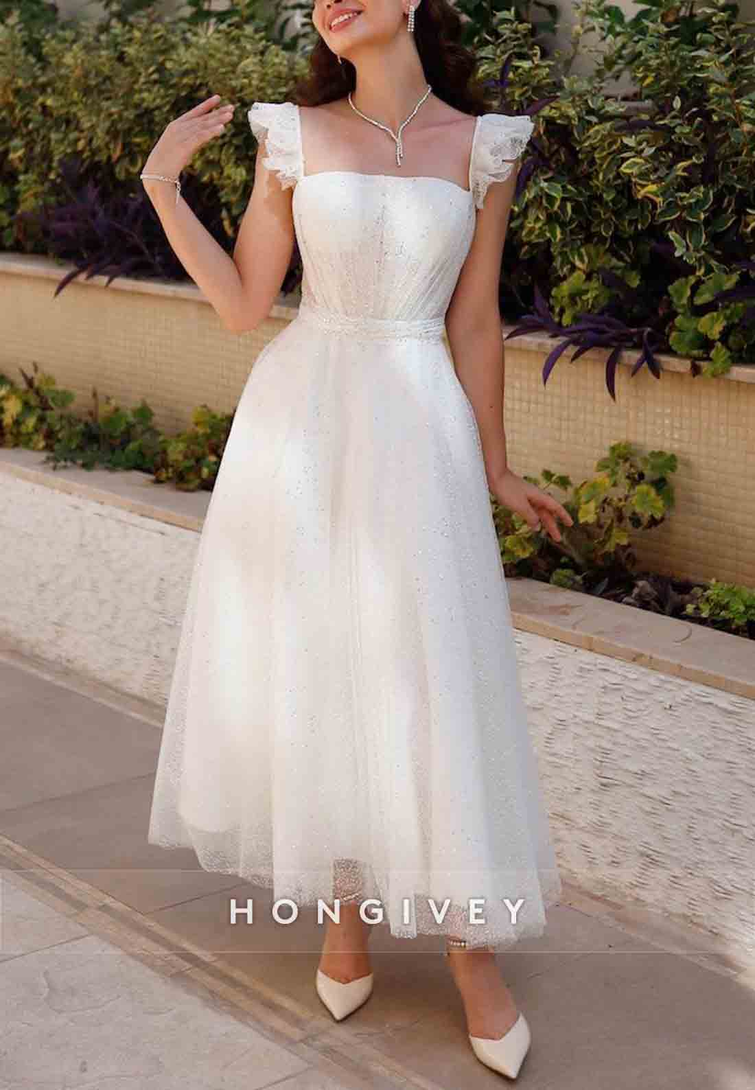 Cap Straps A-line Organza Bowknot Ankle-Length Wedding Engagement Dress