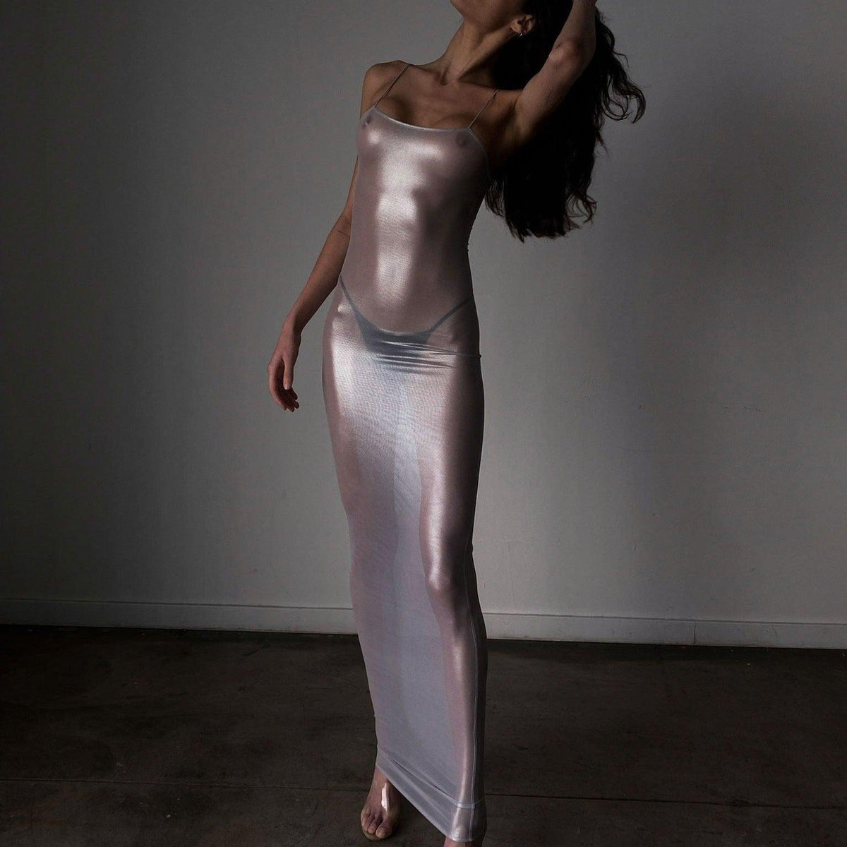 Mesh Metallic Sheer Spaghetti Strap Square Neck Bodycon Maxi Dress - View 4