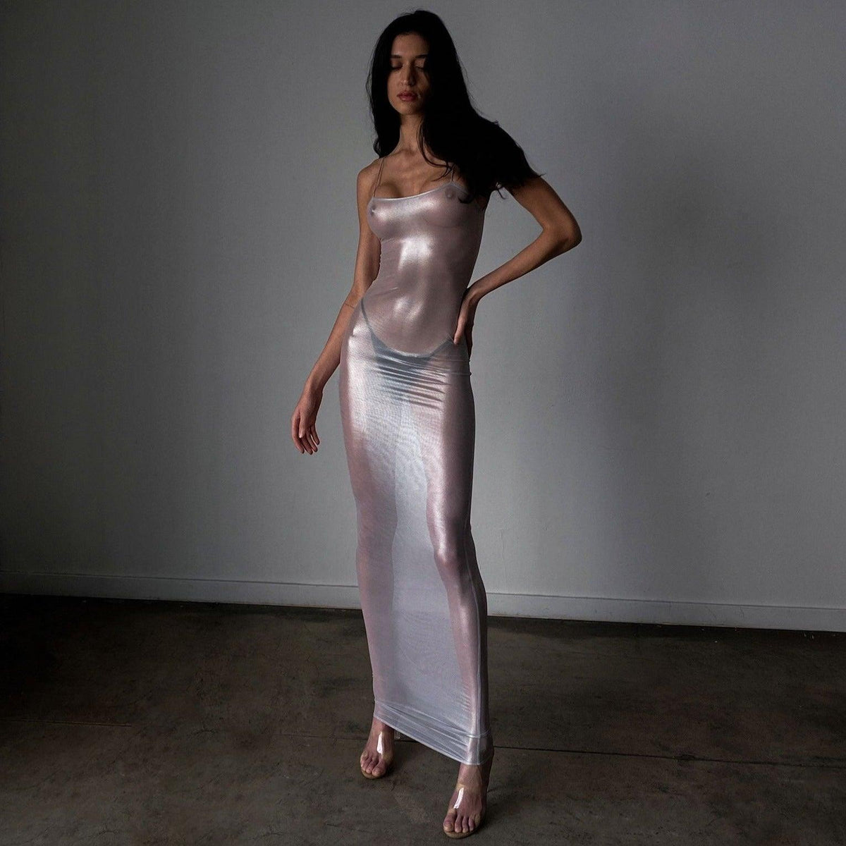 Mesh Metallic Sheer Spaghetti Strap Square Neck Bodycon Maxi Dress - View 2