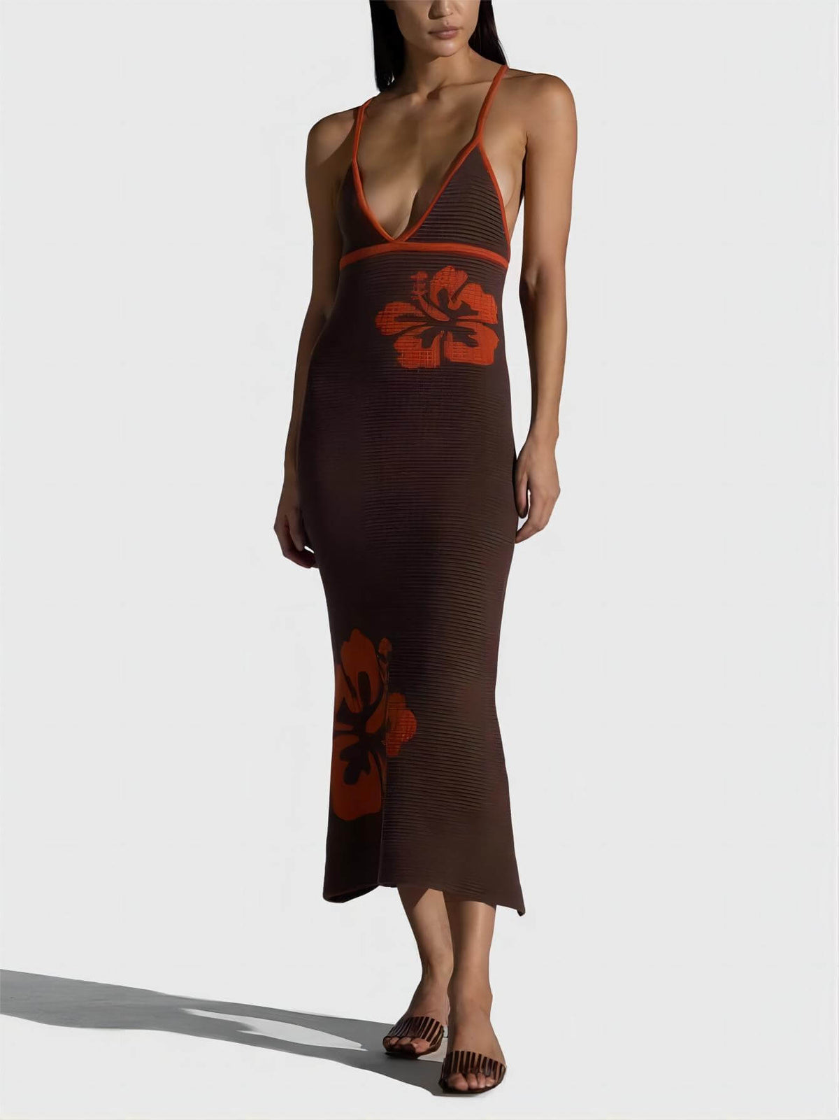 Printed V-Neck Sleeveless Rib Knit Midi Dress
