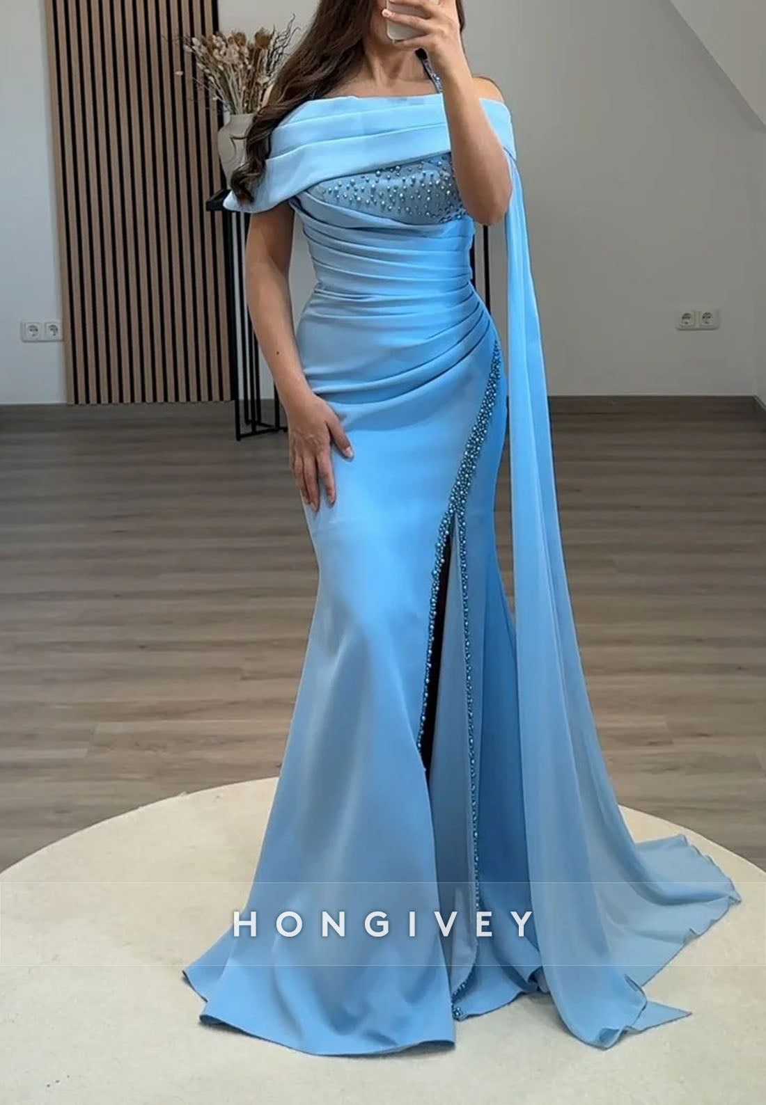 Side Draping Trumpet Evening Gown Floor-Length Off the Shoulder Beading Formal Dresses