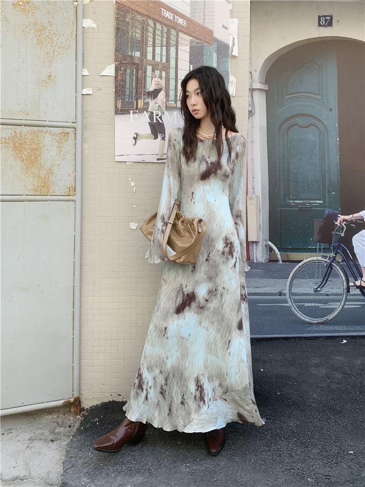 Tie-Dye Round-Neck Long-Sleeve A-Line Maxi Dress 3
