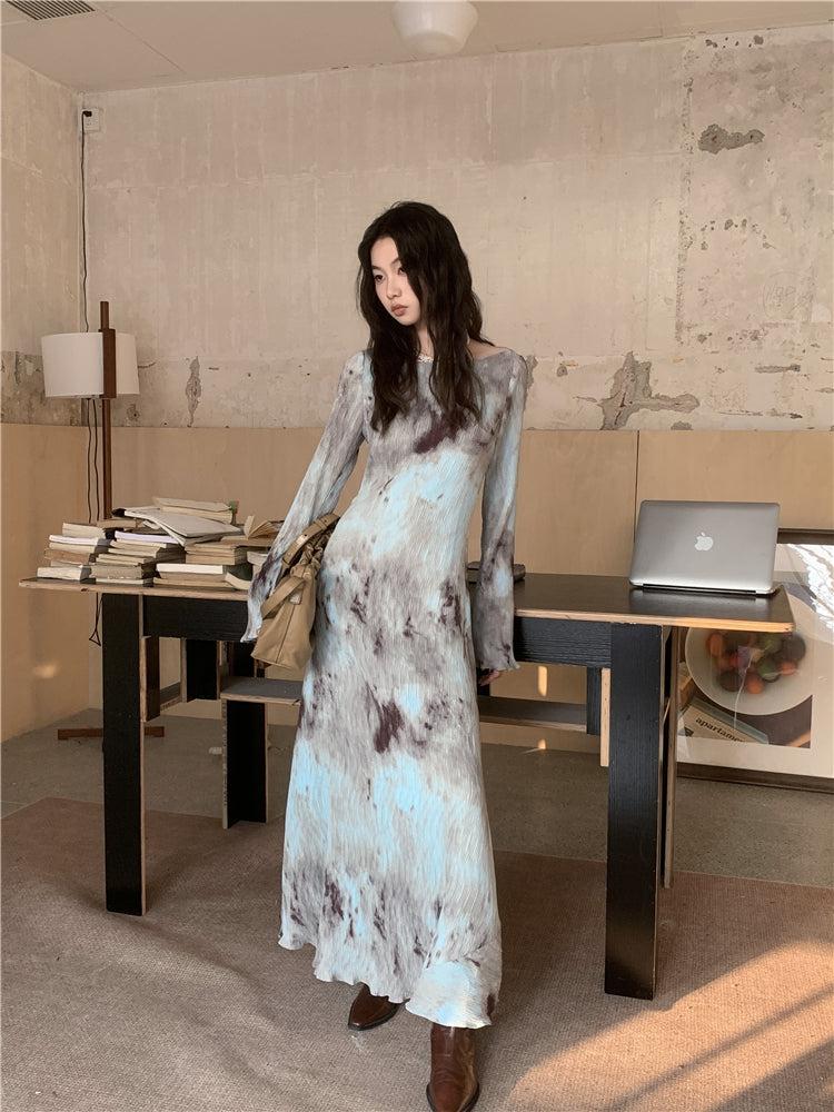Tie-Dye Round-Neck Long-Sleeve A-Line Maxi Dress 5