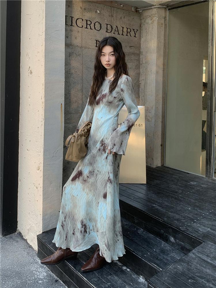 Tie-Dye Round-Neck Long-Sleeve A-Line Maxi Dress 6