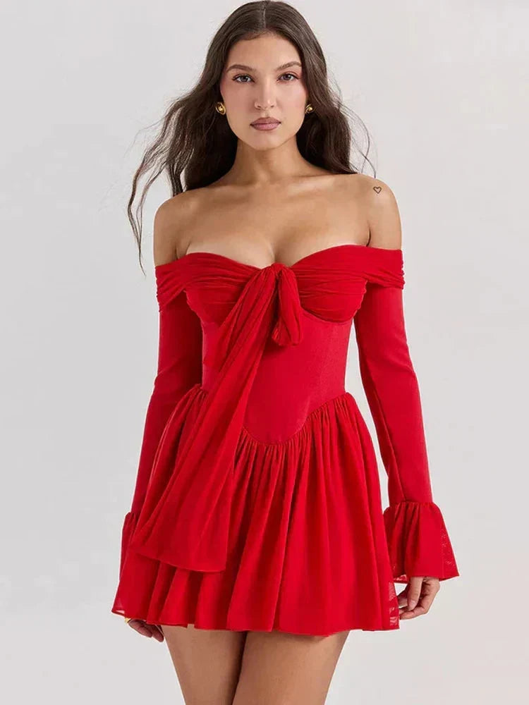 Strapless Tie Front Corset Ruffle Sleeve Mini Party Dress