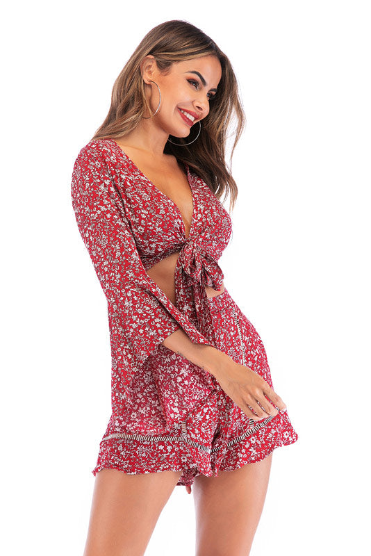Floral Tie Front V-neck Trumpet Sleeve Two Piece Sets