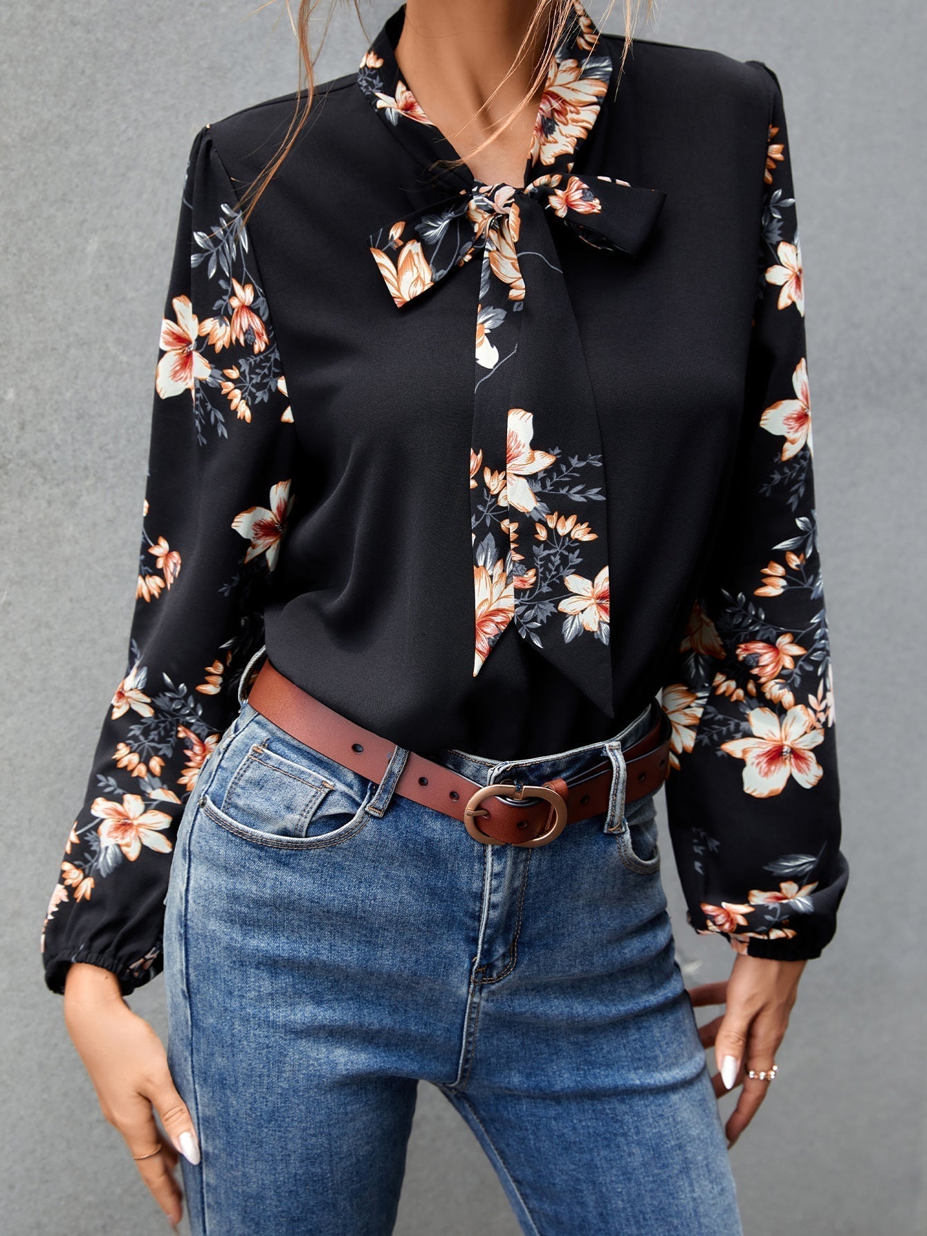 Tie Neck Floral Print Blouse - Fashionpara