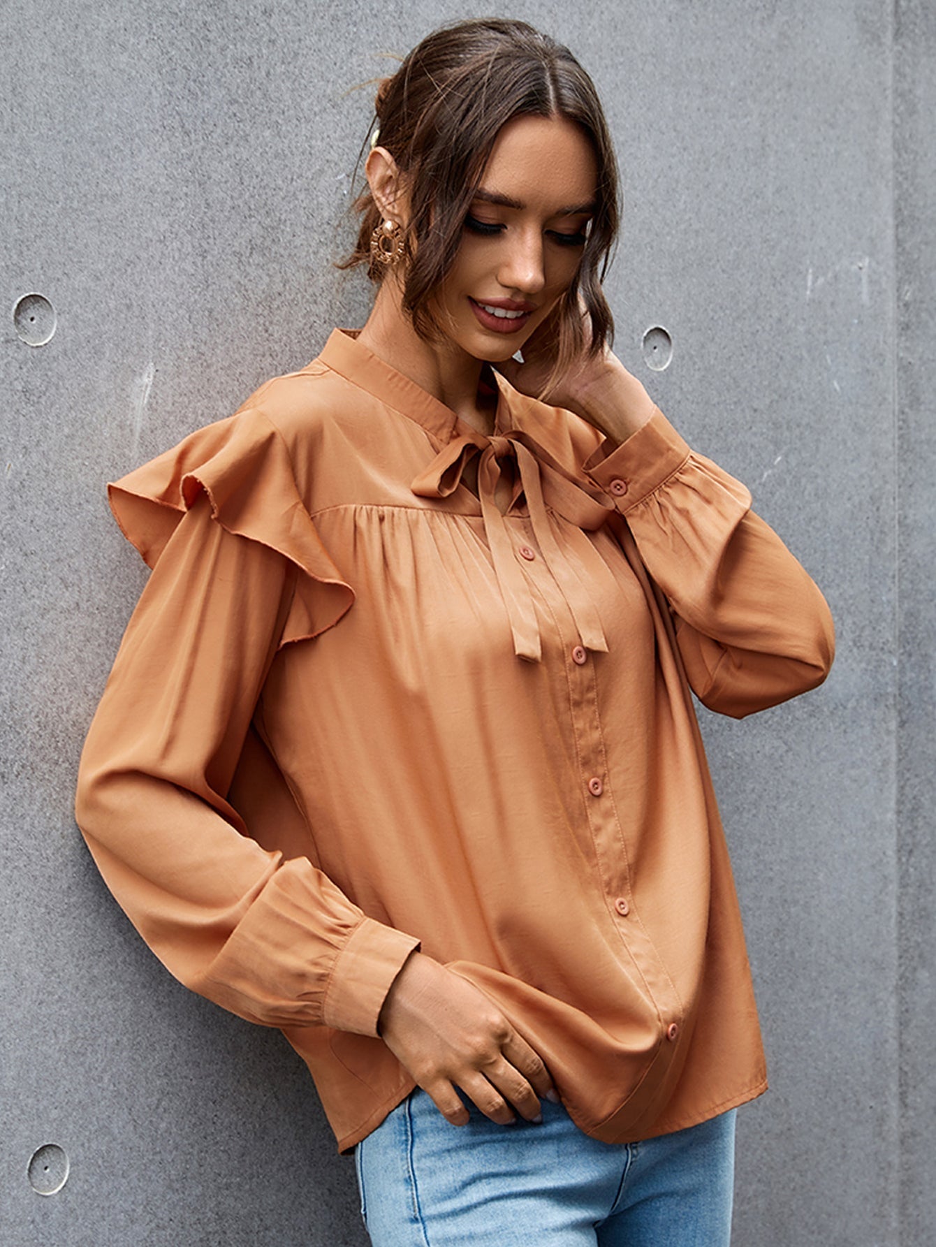 Tie Neck Ruffle Hem Blouse - Fashionpara