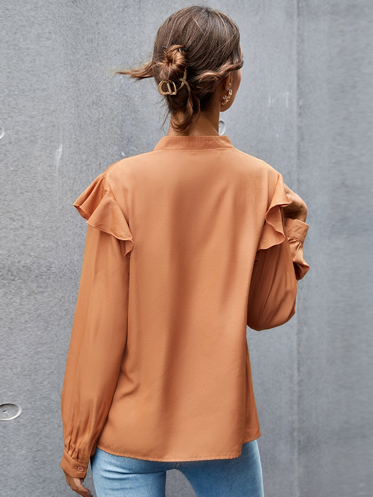 KittenAlarm - Tie Neck Ruffle Hem Blouse